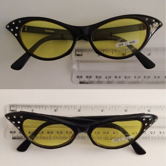 Sunglasses Rhinestone Cat Eye Yellow Lens Black Frame 1950s-Style 90s Deadstock - Picture 2 of 4